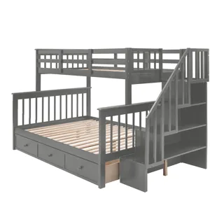 Twin Over Full Stairway Bunk Bed With Drawer, Storage And Guard Rail For Bedroom, Dorm, For Adults -