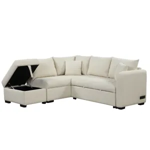 L-Shaped Sectional Pull Out Sofa Bed Sleeper Sofa With Two USB Ports, Two Power Sockets And A Movabl