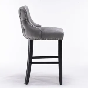 Contemporary Velvet Upholstered Wing-Back Barstools With Button Tufted Decoration And Wooden Legs, A