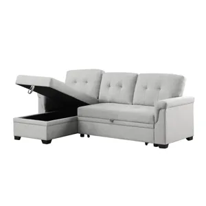 Hunter - Linen Reversible Sleeper Sectional Sofa With Storage Chaise - Light Gray