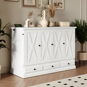 Queen Solid Pine Murphy Bed Chest Cube Cabinet Bed With Charging Station And Large Storage Drawer Fo