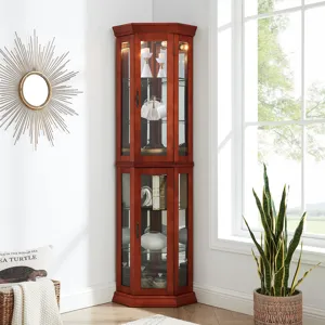 Corner Curio Cabinet With Lights, Adjustable Tempered Glass Shelves, Mirrored Back, Display Cabinet 