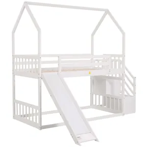Twin Over Twin House Bunk Bed With Convertible Slide, Storage Staircase - White