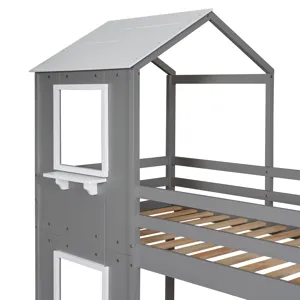 Twin Over Twin Bunk Bed Wood Bed With Roof, Window, Guardrail, Ladder - White