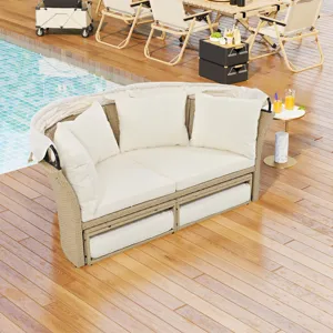 Outdoor Patio Daybed Wicker Rattan Double Daybed Round Sofa Furniture Set With Retractable Canopy, 4