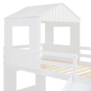 Wooden Twin Over Full Bunk Bed, Loft Bed With Playhouse, Farmhouse, Ladder, Slide And Guardrails - W