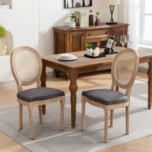 French Style Solid Wood Frame Antique Painting Linen Fabric Rattan Back Dining Chair (Set of 2) - Gr