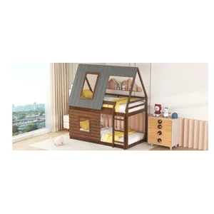 Wood Twin Size House Bunk Bed With Roof, Ladder And 2 Windows - Oak & Smoky Gray