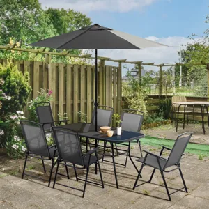 Outsunny - 8 Piece Patio Dining Set With Table Umbrella, 6 Folding Chairs And Rectangle Dining Table
