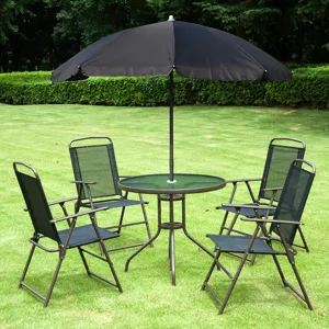 Outsunny - 6 Piece Patio Dining Set For 4 With Umbrella, Outdoor Table And Chairs With 4 Folding Din