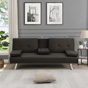 Sofa Bed With Armrest Two Holders Wood Frame, Stainless Leg, Futon - Brown