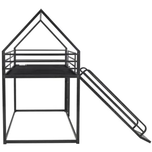 Twin Over Twin House Bunk Bed With Ladder And Slide - Black