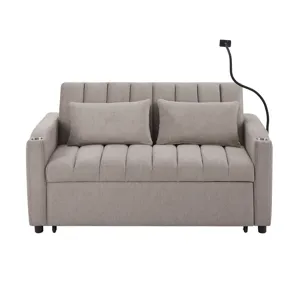 Convertible Sofa Bed Loveseat Sofa With Three USB Ports, Two Side Pockets, Two Cup Holders And 360° 