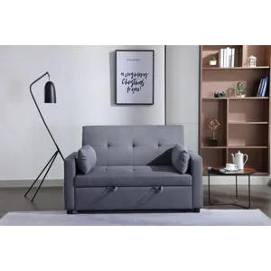 2 Seaters Slepper Sofa Bed Linen Fabric 3-In-1 Convertible Sleeper Loveseat With Side Pocket - Dark 