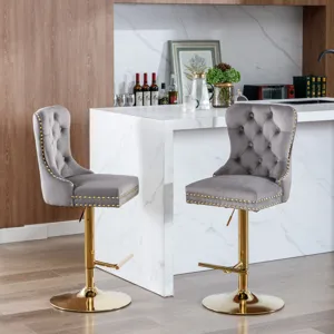 Thick Golden Swivel Velvet Barstools Adjusatble Seat Height From 25-33\", Modern Upholstered Bar Sto