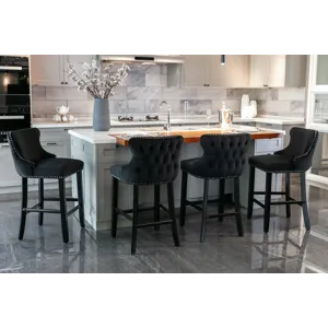 Contemporary Velvet Upholstered Wing-Back Barstools With Button Tufted Decoration And Wooden Legs, A