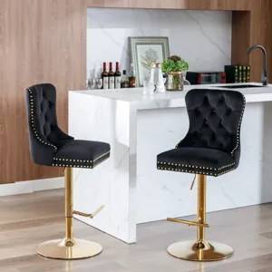Thick Golden Swivel Velvet Barstools Adjusatble Seat Height From 27-35\", Modern Upholstered Bar Sto