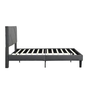Queen Size Upholstered Platform Bed Frame With Headboard, Strong Wood Slat Support, Mattress Foundat