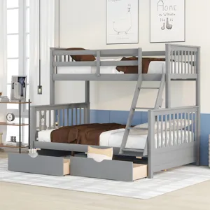 Twin Over Full Bunk Bed With Ladders And Two Storage Drawers - Gray