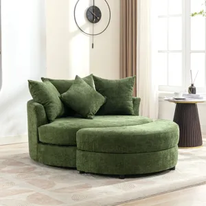 360° Swivel Accent Barrel Chair With Storage Ottoman & 4 Pillows, Modern Chenille Leisure Chair Roun