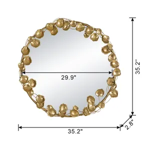 Round Metal Wall Mirror With Leaf Accents, Modern Decor Mirror For Living Room Entryway Hallway - Go