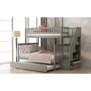 Twin Over Full Bunk Bed With Trundle And Staircase - Gray
