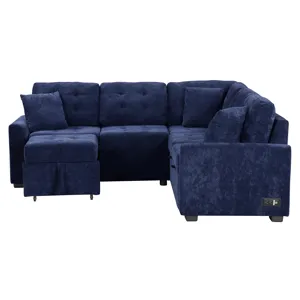 L-Shape Sofa Bed Pull-Out Sleeper Sofa With Wheels, USB Ports, Power Sockets For Living Room - Navy 