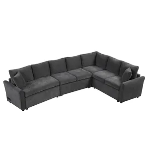 L-Shaped Sofa Convertible Sofa Bed Pull Out Sofa Sleeper With Two Back Pillows, Two USB Ports And Tw