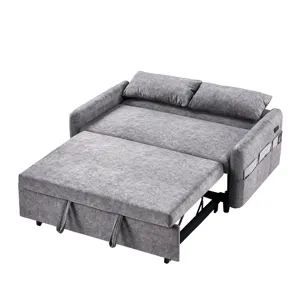 Pull Out Sleep Sofa Bed Loveseats Sofa Couch With Adjsutable Backrest, Storage Pockets, 2 Soft Pillo