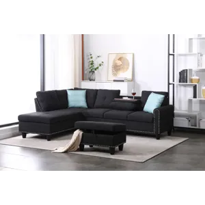 Alger - 98" Wide Left Hand Facing Sofa & Chaise With Ottoman - Charcoal Grey