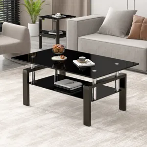 Tempered Black Glass Coffee Table, 2-Layers Tea Table - Black