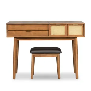 Classic Wood Makeup Vanity Set With Flip-Top Mirror And Stool, Dressing Table With Three Drawers And
