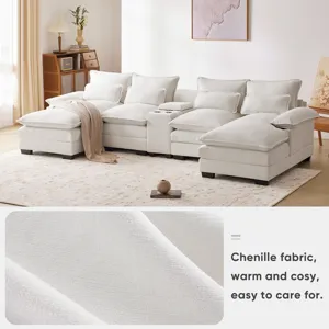 Modern U Shaped Sofa With Console, Cupholders And USB Ports, 6 Seat Upholstered Symmetrical Indoor F