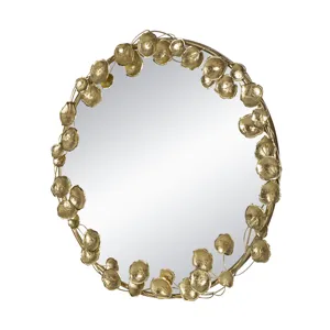 Round Metal Wall Mirror With Leaf Accents, Modern Decor Mirror For Living Room Entryway Hallway - Go