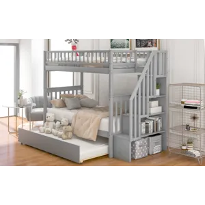 Twin Over Twin Bunk Bed With Trundle And Storage - Gray