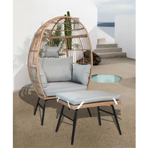 Outdoor Garden Wicker Egg Chair And Footstool Patio Chaise, With Cushions, Outdoor Indoor Basket Cha