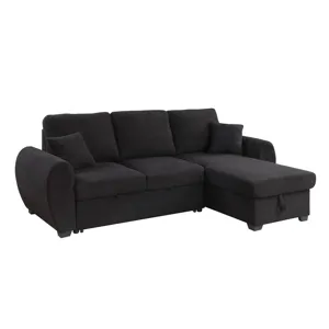Veronica - Teddy Fleece Reversible Sleeper Sectional Sofa With Storage Chaise - Black