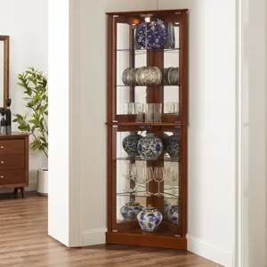 Corner Curio Dispaly Cabinet With Lights, Adjustable Tempered Glass Shelves, Mirrored Back (E26 Light Bulb Not Included) - Walnut
