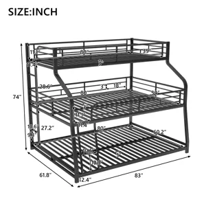 Twin Long / Full Long / Queen Triple Bunk Bed With Long And Short Ladder And Full-Length Guardrails 