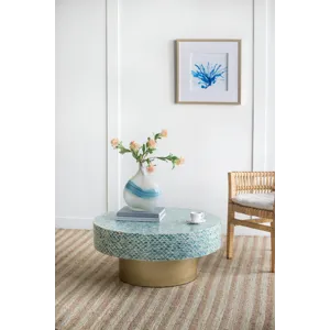 Unique Hyperion Capiz Inlay Drum Coffee Table With Gold Pedestal Base - Multi