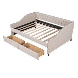 Full Size Upholstered Daybed With Two Drawers, Wood Slat Support - Beige