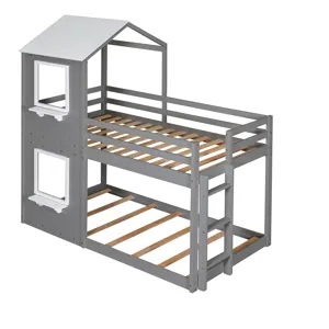 Twin Over Twin Bunk Bed Wood Bed With Roof, Window, Guardrail, Ladder - White