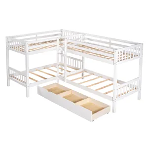 Twin L Shaped Bunk Bed With Drawers - Gray