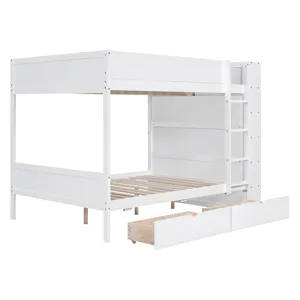 Full Over Full Bunk Bed With 2 Drawers And Multi - Layer Cabinet - White