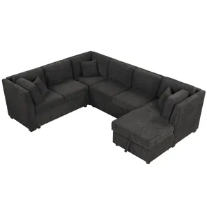 U-Shaped Sectional Sofa Pull Out Sofa Bed With Two USB Ports, Two Power Sockets, Three Back Pillows 
