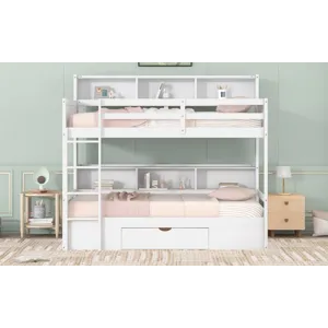 Twin Size Bunk Bed With Built-In Shelves Beside Both Upper And Down Bed And Storage Drawer - White