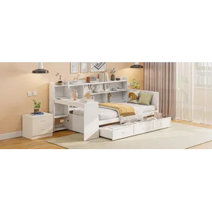 Twin Size Wooden Daybed With 3 Drawers, USB Ports And Desk - White
