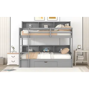 Twin Size Bunk Bed With Built-In Shelves Beside Both Upper And Down Bed And Storage Drawer - Gray