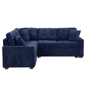 L-Shape Sofa Bed Pull-Out Sleeper Sofa With Wheels, USB Ports, Power Sockets For Living Room - Navy 