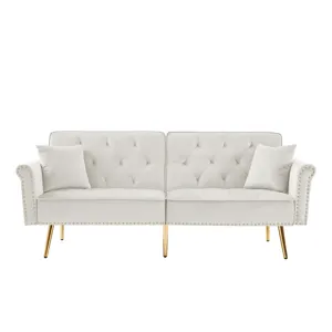 Velvet Tufted Sofa Couch With 2 Pillows And Nailhead Trim - Beige